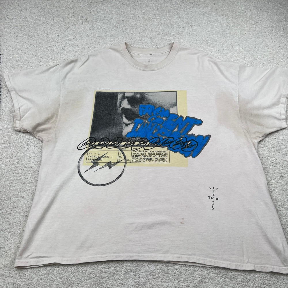 Cactus Jack Travis Scott Fragment Design Graphic T-Shirt Cream 2XL Distressed